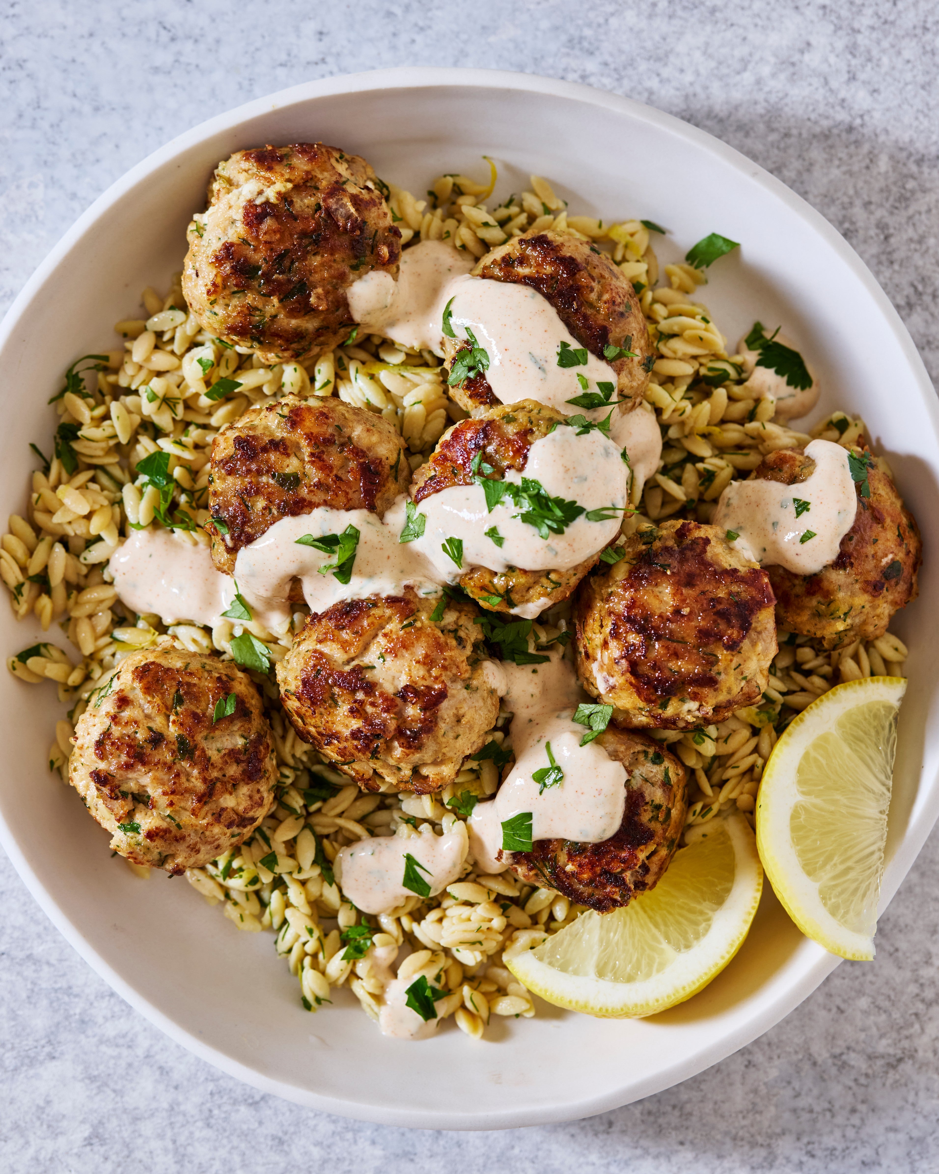 Spiced Chicken & Feta Meatballs with Yogurt Tahini Sauce