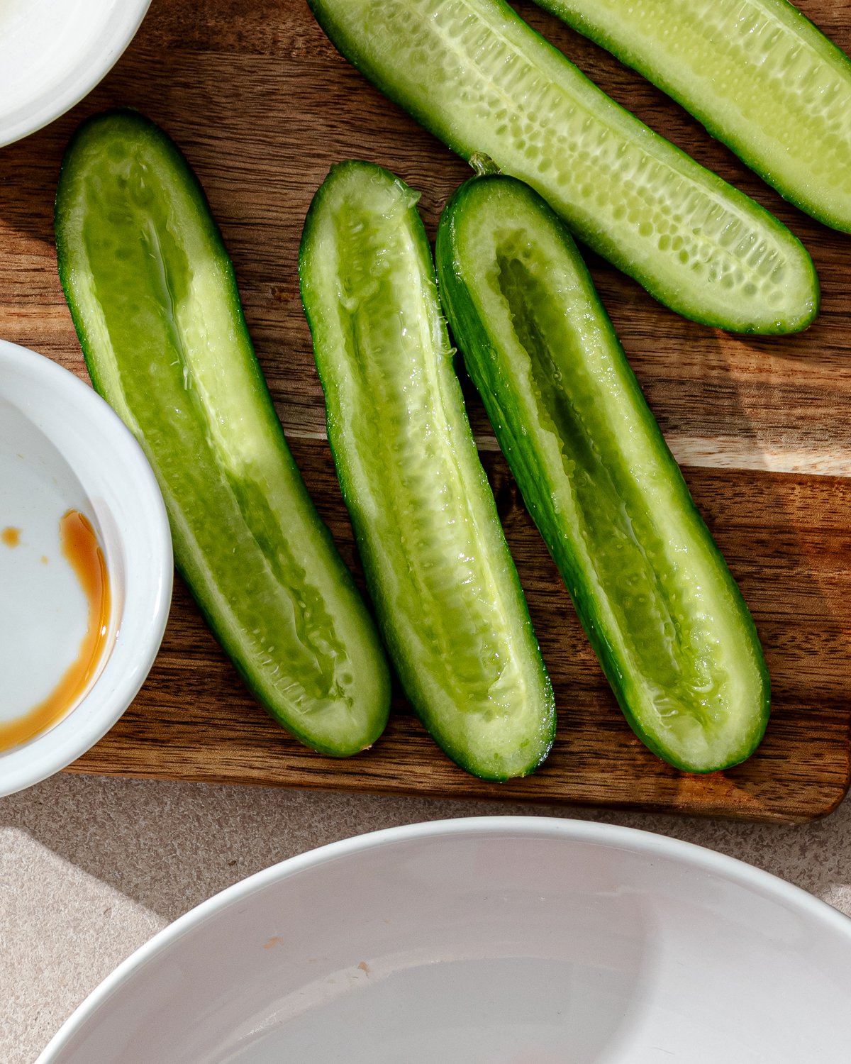 Hollowed cucumbers for cucumber sushi boats recipe.
