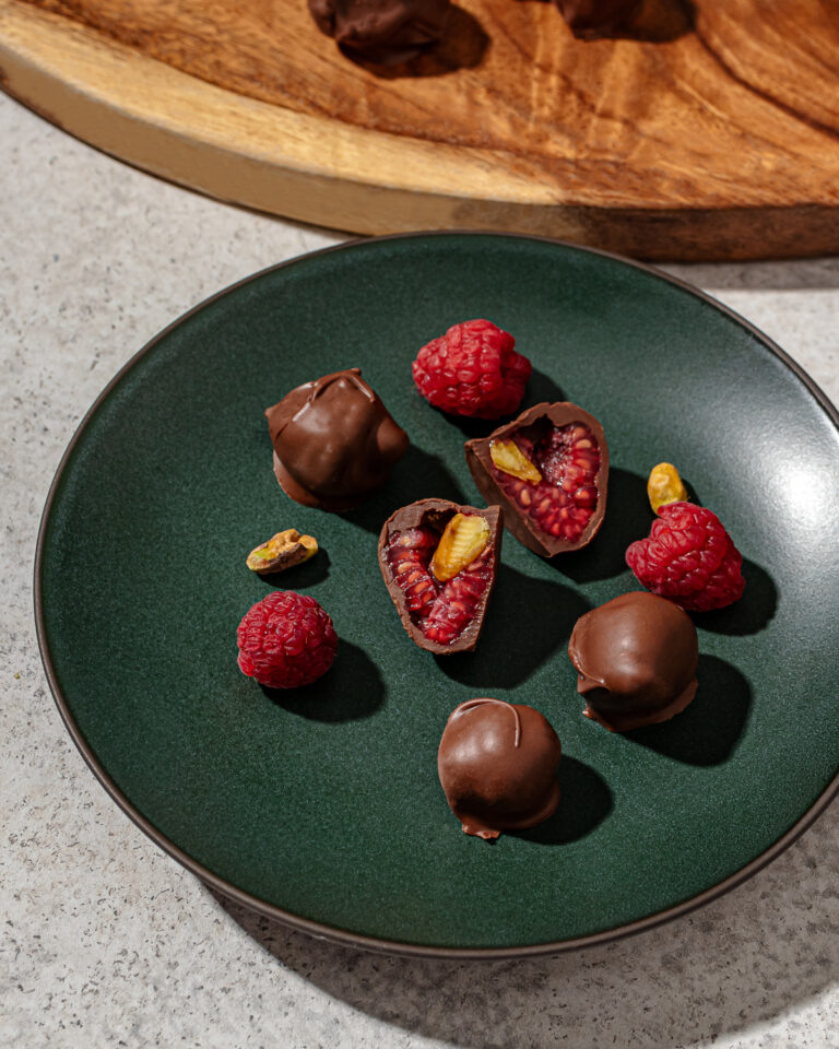 Frozen Chocolate Covered Raspberries with Pistachios