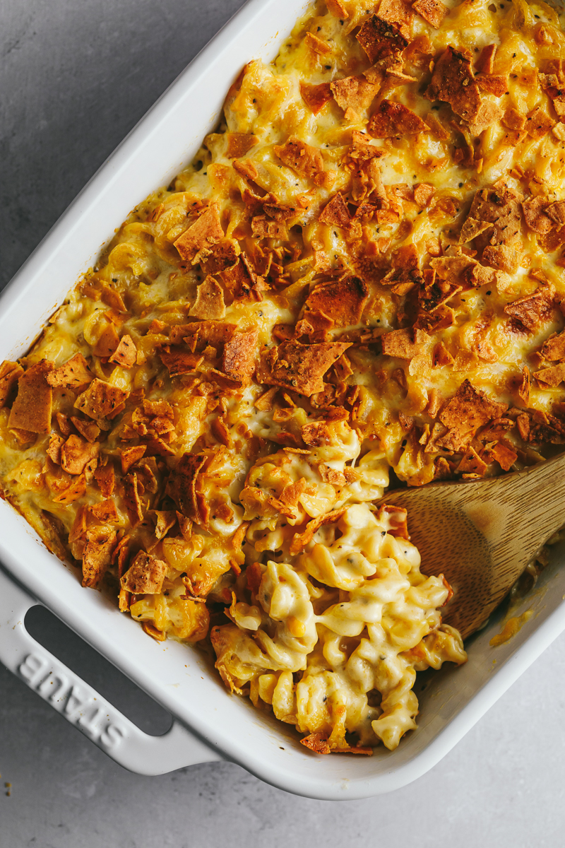 Close up of high protein mac and cheese recipe.