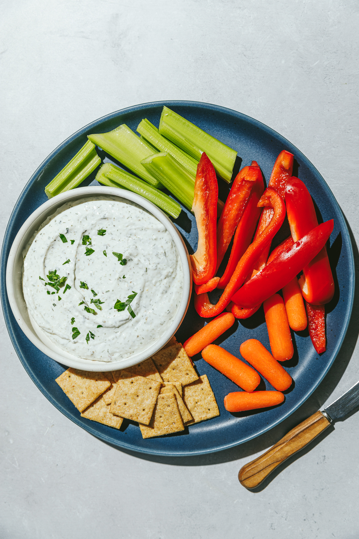 high protein ranch dip with peppers and crackers