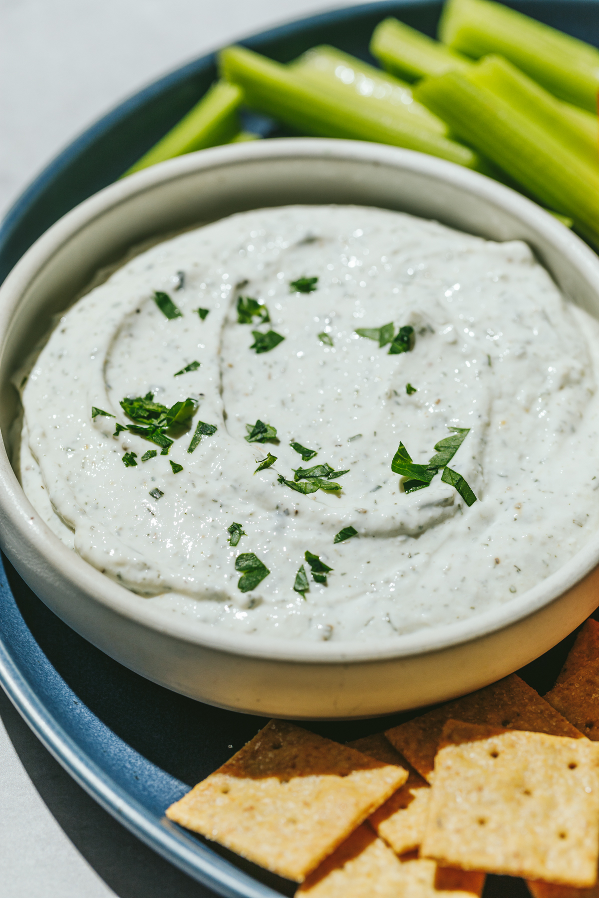 high protein ranch dip in a bowl
