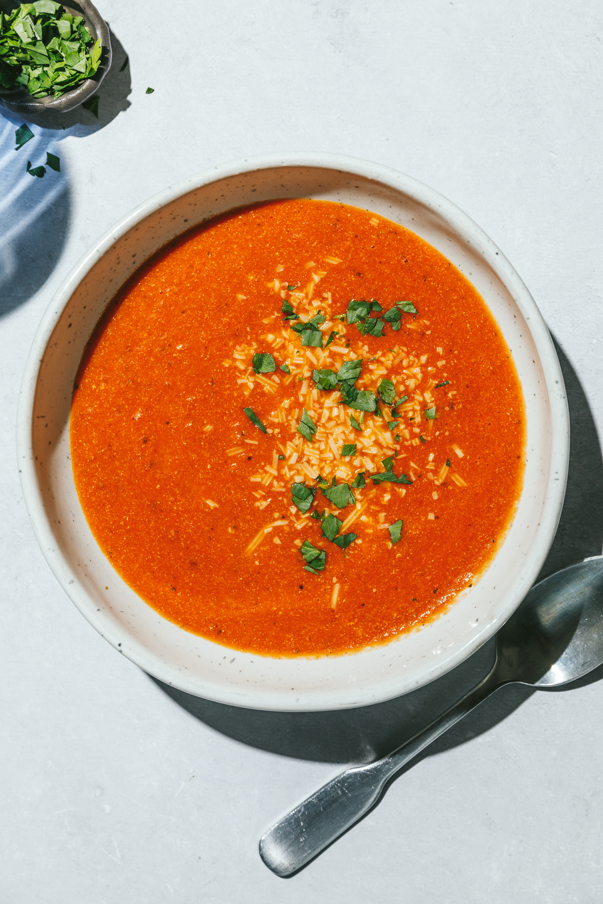 high protein tomato soup in a bowl