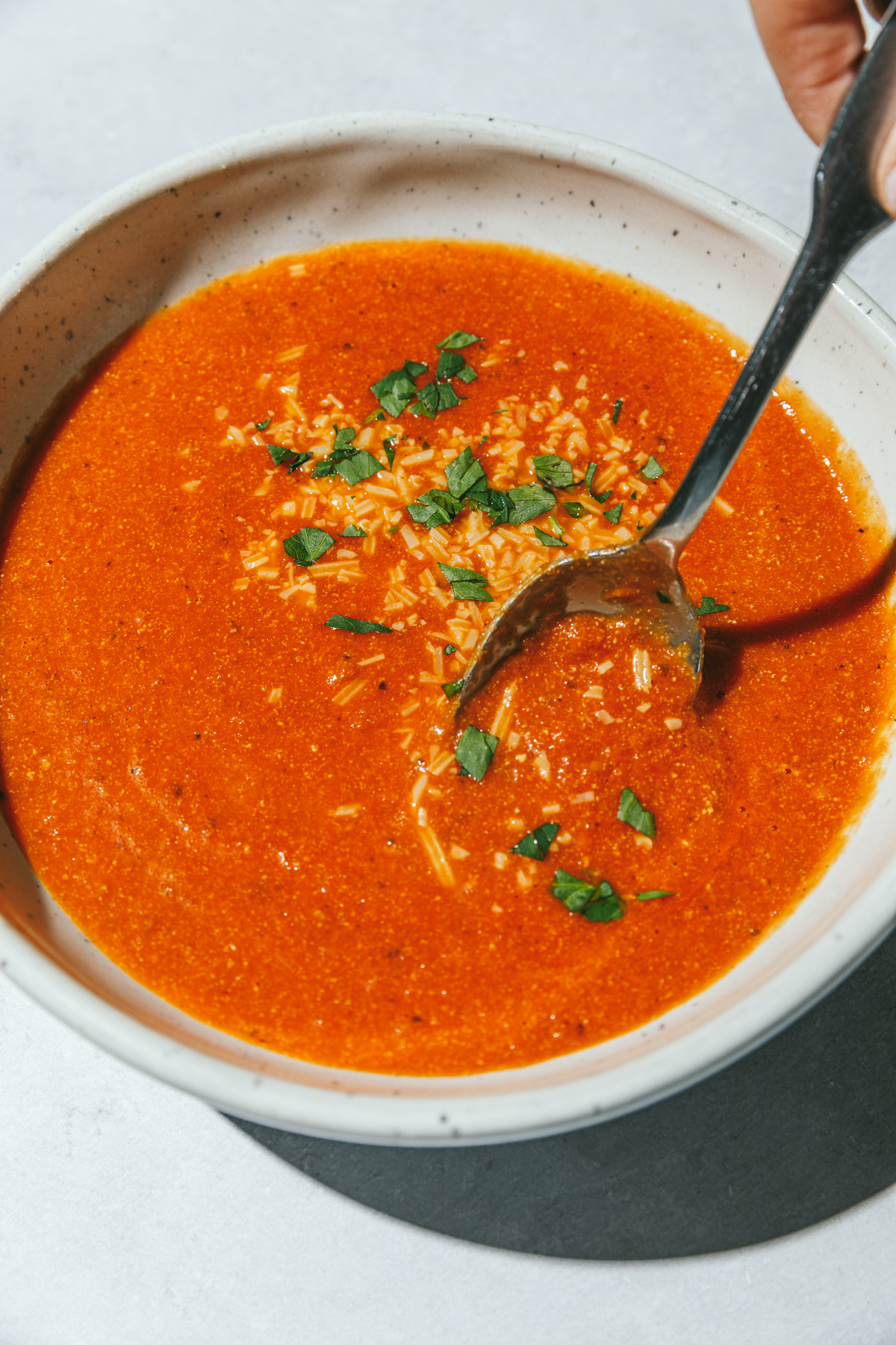 high protein tomato soup in a bowl