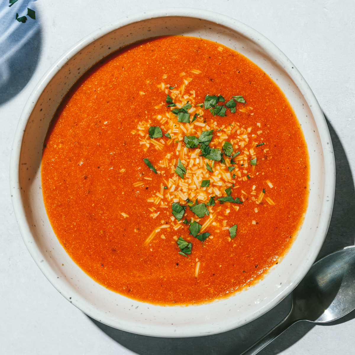 high protein tomato soup in a bowl