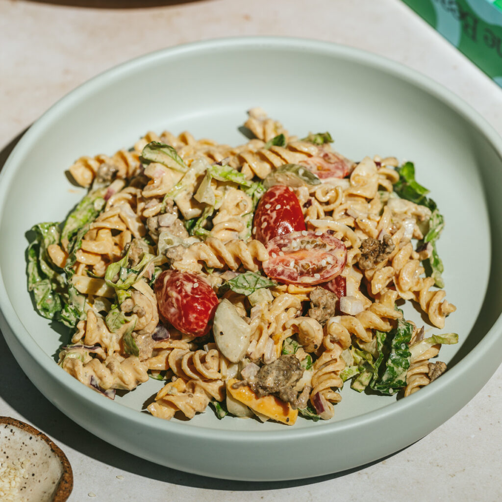 big mac pasta salad in a dish.