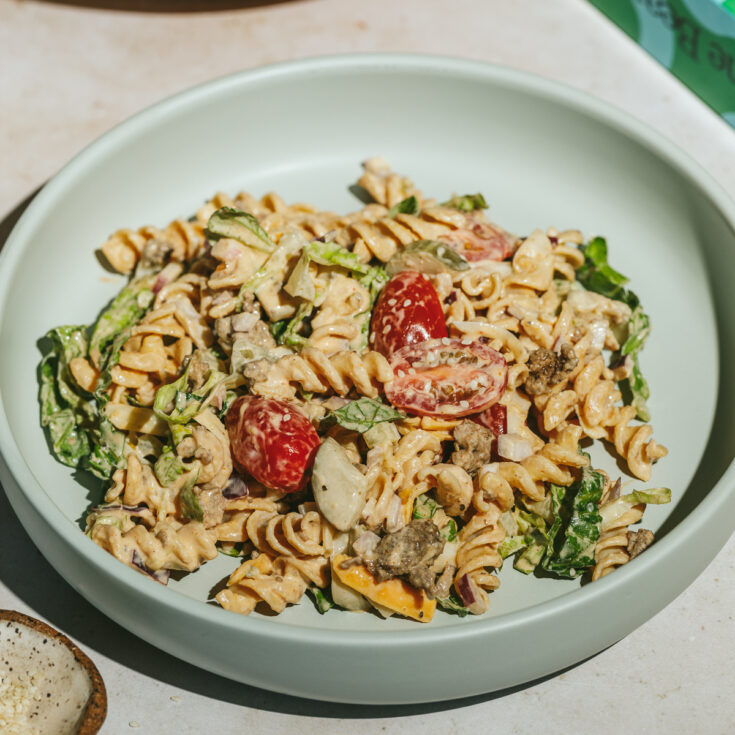 big mac pasta salad in a dish.