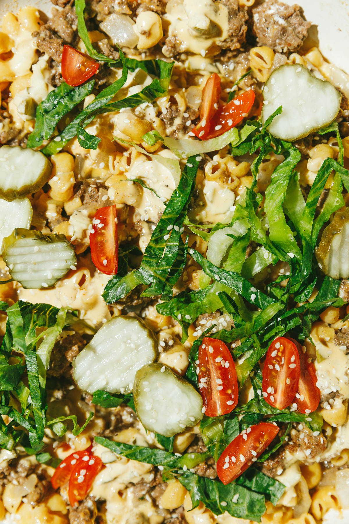 close up of big mac pasta skillet