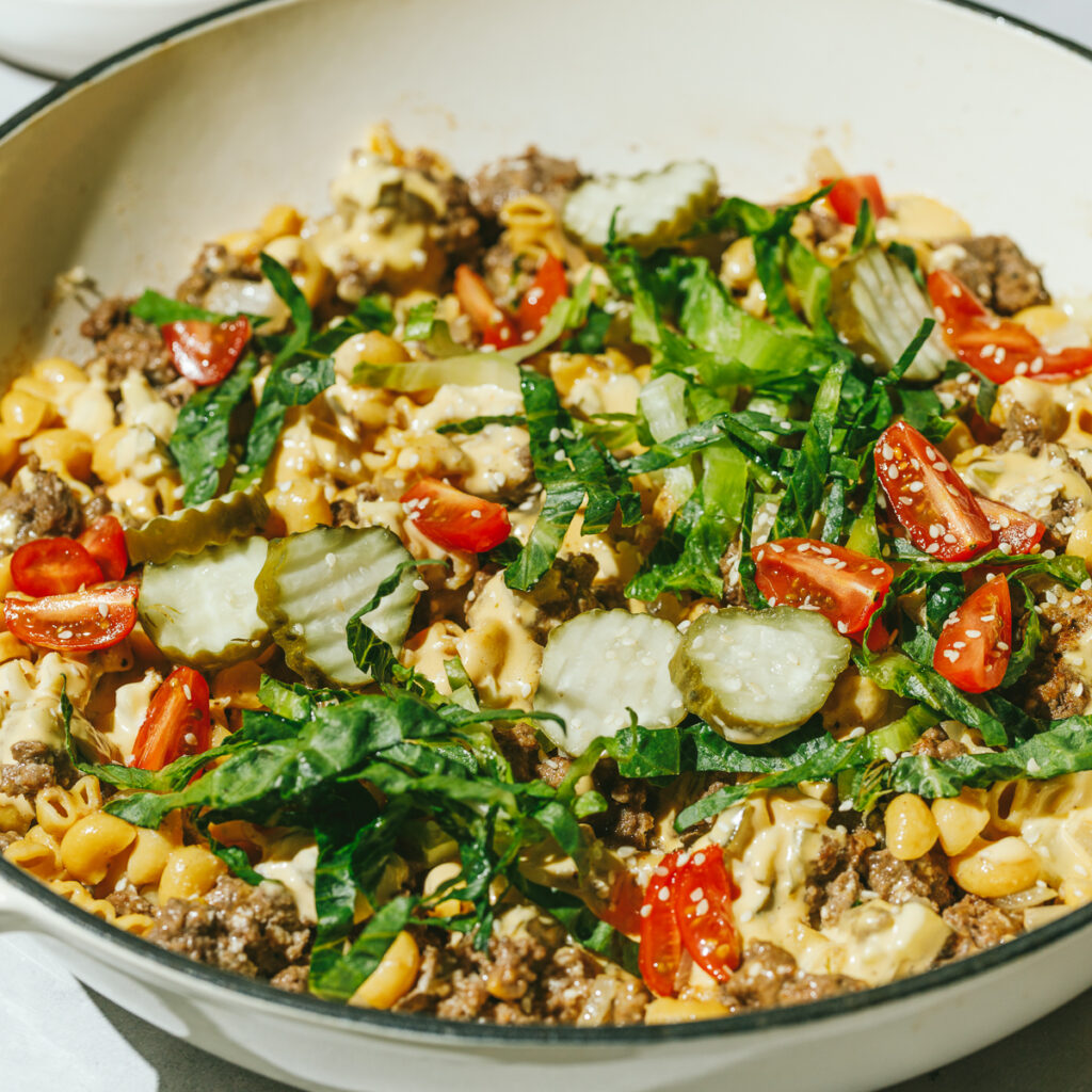 close up of big mac pasta skillet