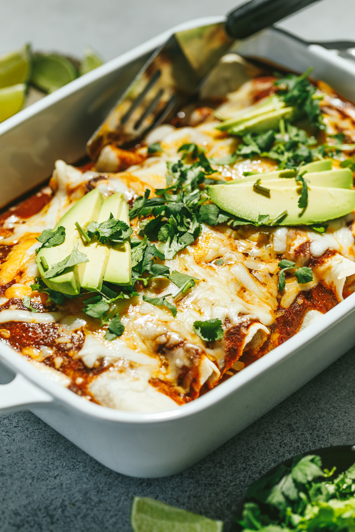 close up of high protein chicken enchiladas