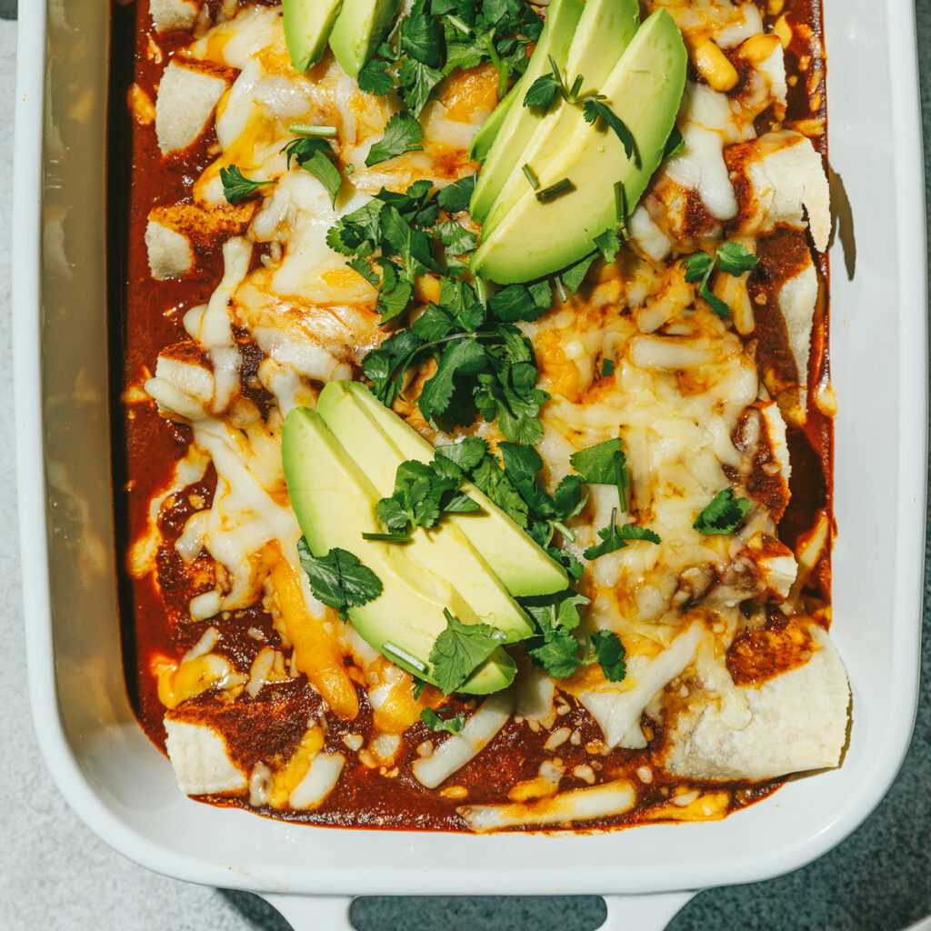 close up of high protein chicken enchiladas